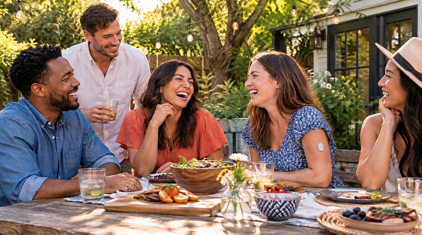 Five friends laughing around an outdoor garden table on a sunny afternoon, one wearing a continuous glucose monitor on her upper arm