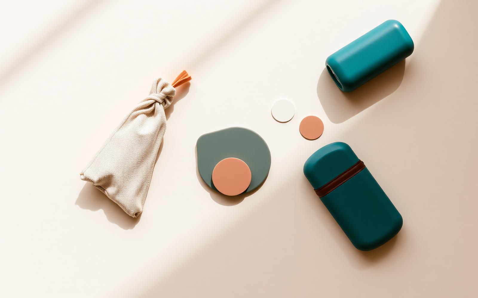 A calm arrangement of diabetes carry cases, patches and accessories on warm paper